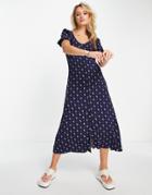 & Other Stories Smock Midi Dress In Navy Print