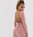 Club L London Petite Open Back Midi Bodycon Dress With Ruching In Mauve-pink