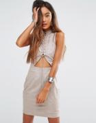 Young Bohemians High Neck Dress With Lace Up Cut Out Front - Gray