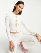 Topshop Front Cut-out Striped Long Sleeve Top In White And Ecru-multi