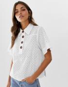 Asos Design Broderie Button Front Short Sleeve Shirt - White