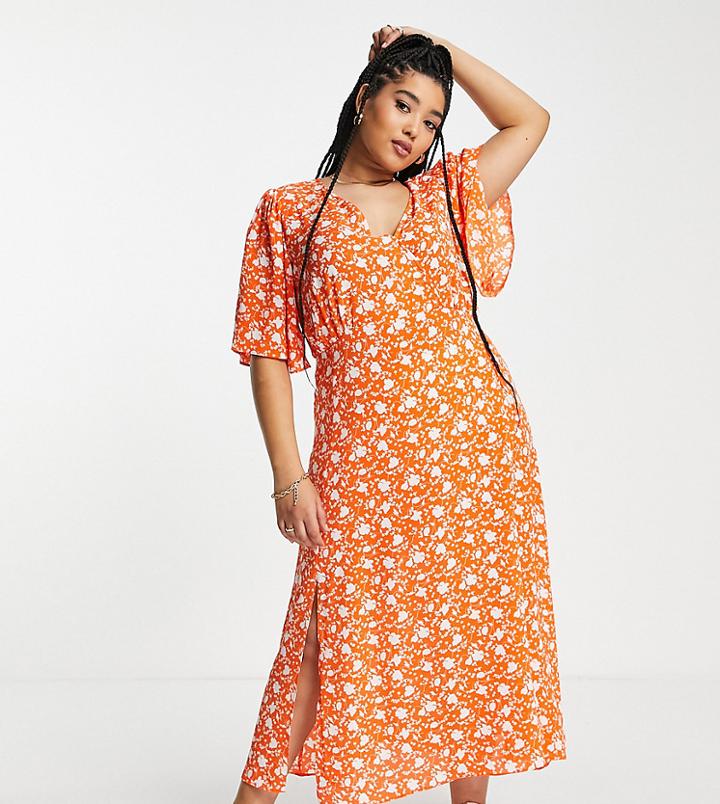 Asos Design Curve Angel Sleeve Midi Dress In Red Floral Print-multi