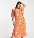 Asos Design Curve Angel Sleeve Midi Dress In Red Floral Print-multi