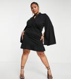 In The Style Plus X Jac Jossa Flare Cape Sleeve Mini Wrap Dress In Black