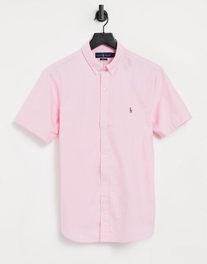 Polo Ralph Lauren Player Logo Short Sleeve Oxford Shirt Button Down Slim Fit In Pink