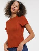 Asos Design Fitted T-shirt In Waffle With Cap Sleeve-brown