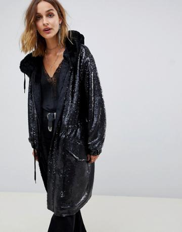 Native Rose Longline Parka In All Over Sequins - Black