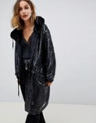 Native Rose Longline Parka In All Over Sequins - Black