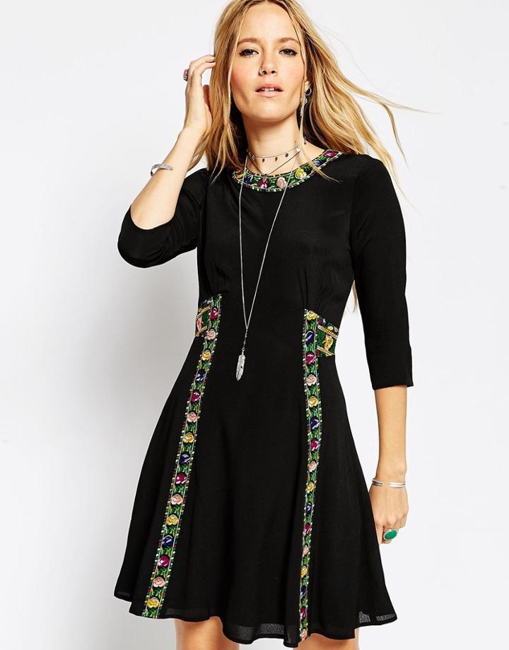 Asos Boho Dress With Cross Stitch Detail - Black