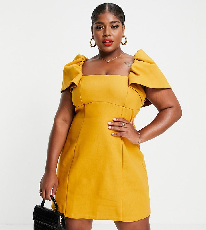 Asos Design Curve Square Neck Bonded Linen Ruched Sleeve Mini Dress In Mustard-neutral
