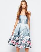 Chi Chi London Bandeau Midi Dress In Sateen Floral Print - Multi Gray Floral Pr