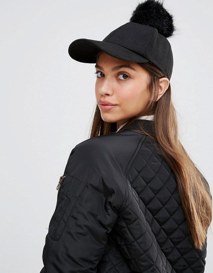 New Look Faux Fur Pom Cap - Black