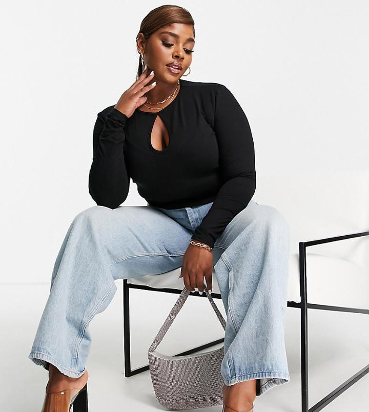 Asos Design Curve Long Sleeve Crop Top With Keyhole Cut Out In Black