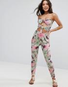 Asos Bandeau Jersey Jumpsuit With Double Tie Detail In Blurred Print - Multi