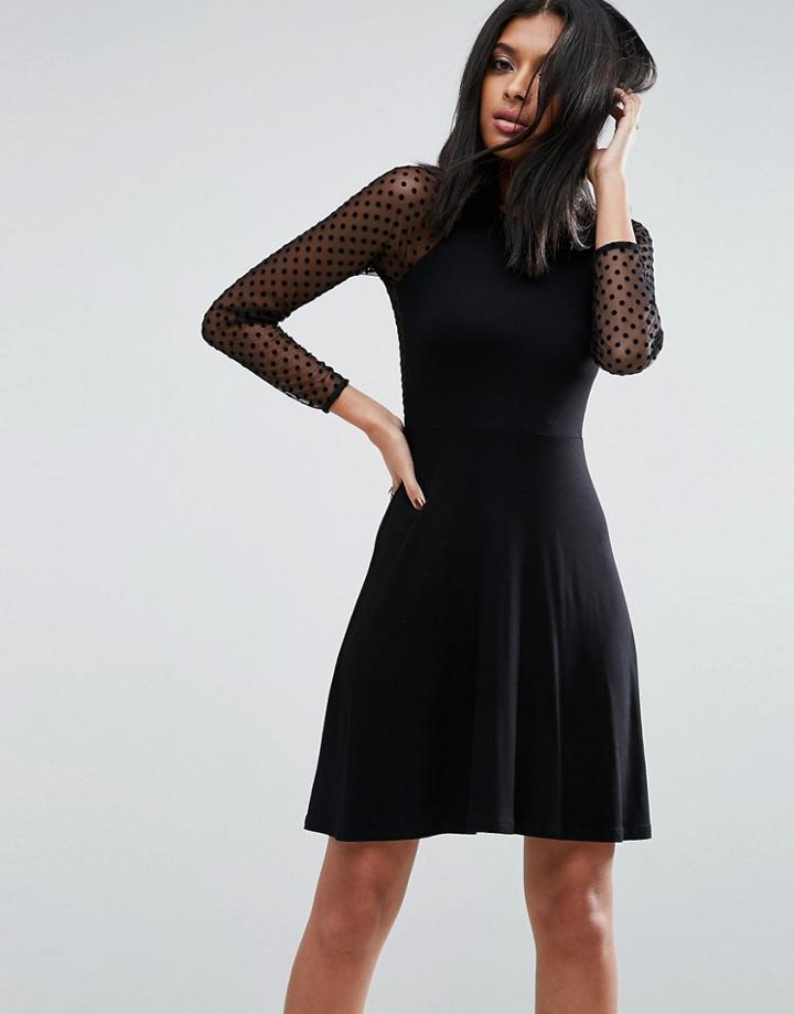 Asos Skater Dress With Spot Mesh Back Detail - Black