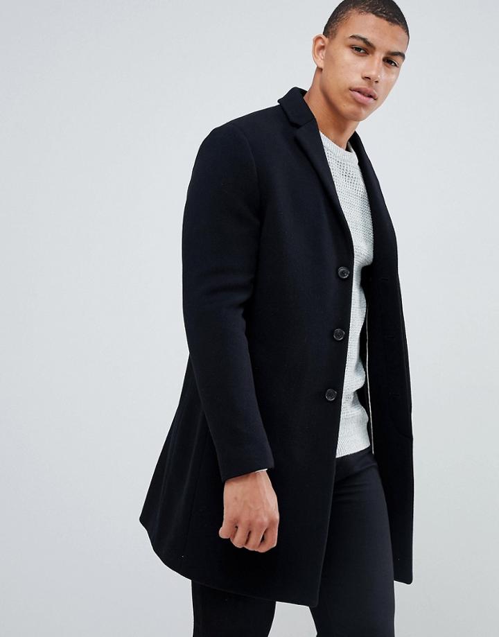 Selected Homme Recycled Wool Overcoat In Black - Black