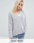 Asos Petite Chunky Sweater In Fluffy Yarn With V Neck - Gray