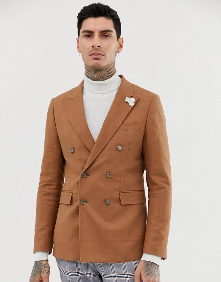 Gianni Feraud Double Breasted Slim Fit Linen Blend Jacket - Brown