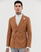 Gianni Feraud Double Breasted Slim Fit Linen Blend Jacket - Brown