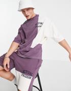 Asos Actual Set Oversized T-shirt With Color Block Cut And Sew Detailing And Logo Print In Purple