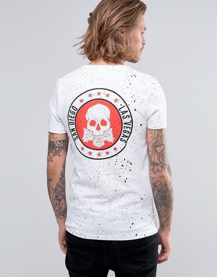 Asos Longline Muscle T-shirt With Splatter Print And Skull Back Print - White