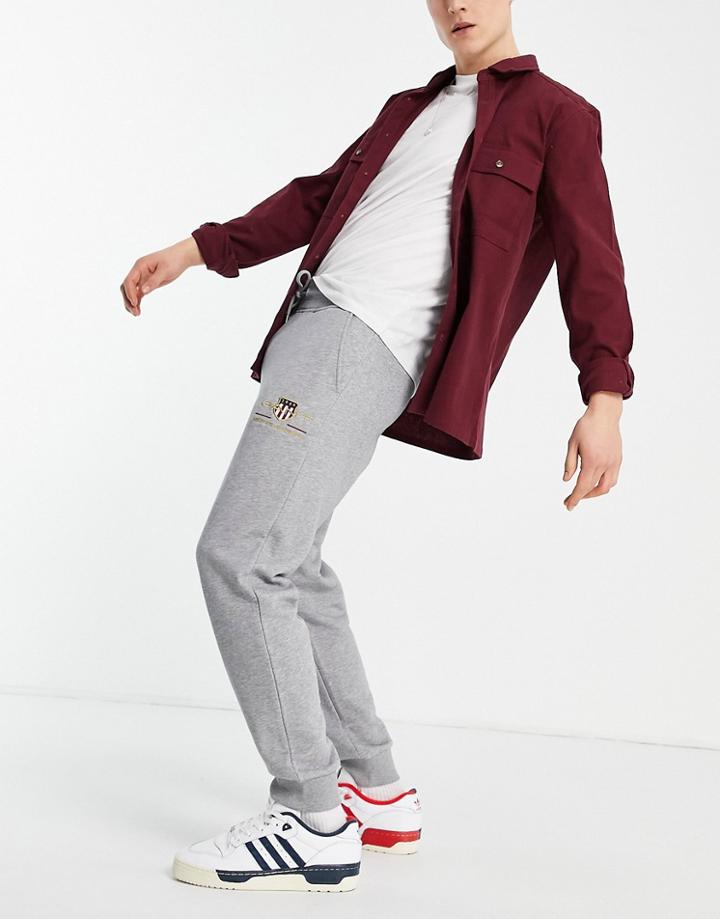 Gant Archive Shield Embroidered Logo Cuffed Sweatpants In Gray Heather-grey