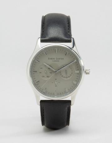 Simon Carter Black Leather Chronograph Watch With Gray Dial - Black