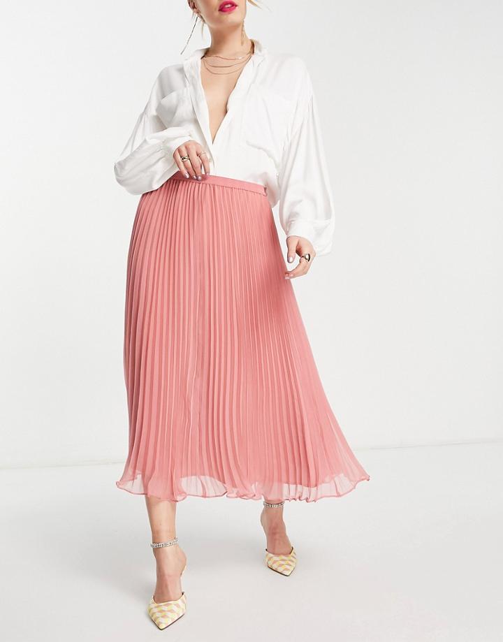 French Connection Midi Pleated Skirt In Coral Pink