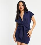 Asos Design Petite Collared Wrap Front Mini Dress With Knot In Navy