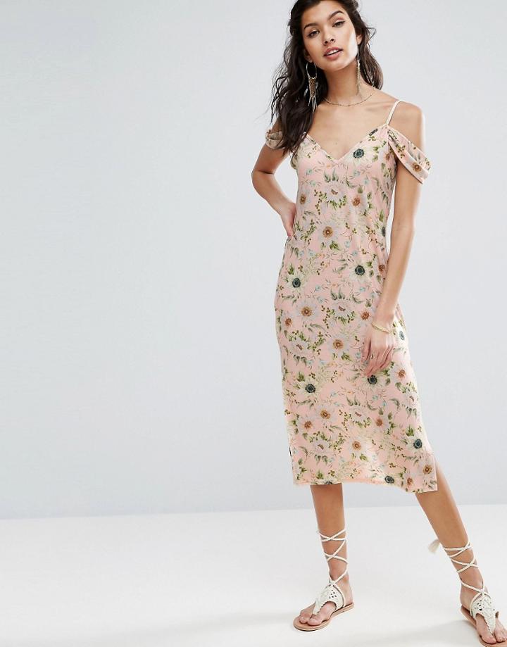 Asos Midi Sundress With Cold Shoulder In Floral Print - Multi