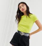 Monki Crew Neck Ribbed T-shirt In Lime Green - Green