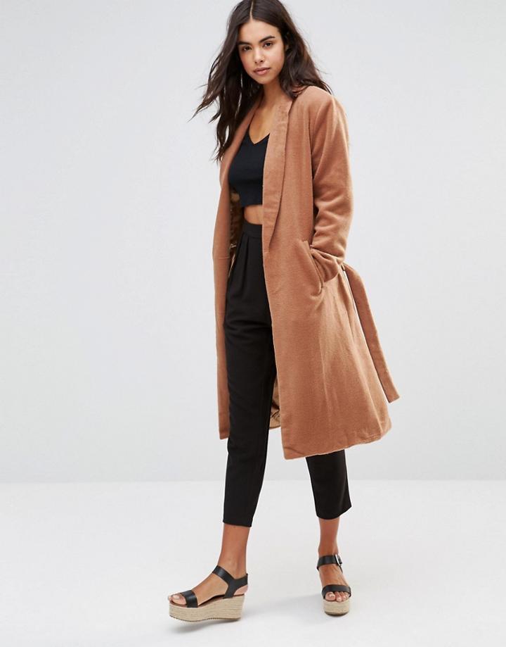 Unique 21 Robe Coat With A Waist Tie Belt - Tan
