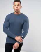 New Look Ribbed Muscle Fit Sweater With Crew Neck In Blue - Blue