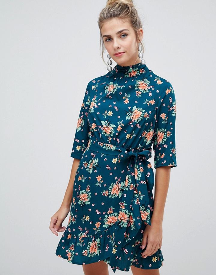 Influence High Neck Floral Dress With Wrap Front And Ruffle Detail-green