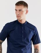 Only & Sons Henley Grandad Collar Short Sleeve Shirt In Navy - Navy