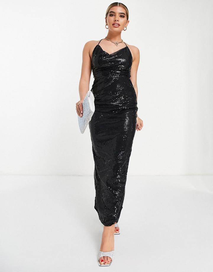 Naanaa Cowl Neck Sequin Maxi Dress In Black