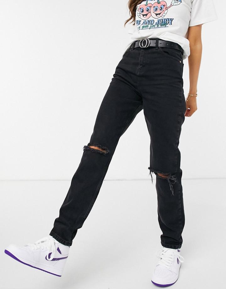 Asos Design High Rise 'original' Mom Jeans In Black With Rips