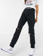 Asos Design High Rise 'original' Mom Jeans In Black With Rips