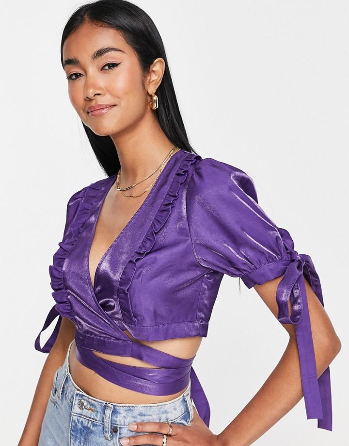 Annorlunda Two Tone Puff Sleeve Crop Blouse In Purple