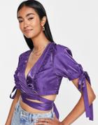 Annorlunda Two Tone Puff Sleeve Crop Blouse In Purple
