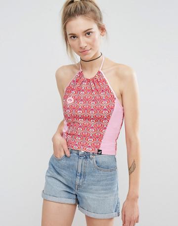 Illustrated People Heart Print Halter Crop Top - Pink