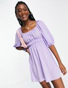 Asos Design Ruched Square Neck Mini Dress With Puff Sleeves In Lilac-purple
