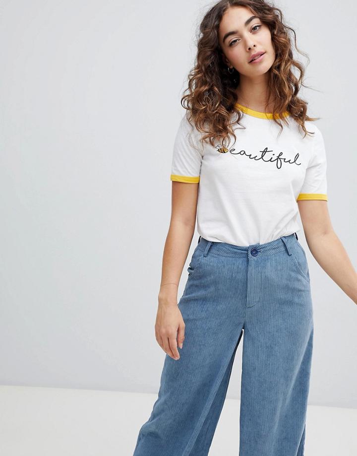 Daisy Street Ringer T-shirt With Beautiful Print - White