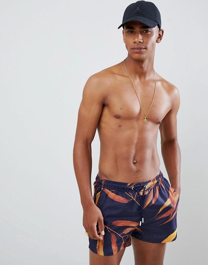 Bershka Swim Shorts In Blue With Leaf Print - Blue
