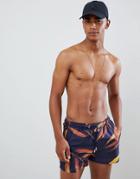 Bershka Swim Shorts In Blue With Leaf Print - Blue