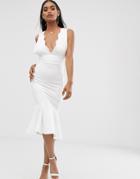 Asos Design Lace Top Bandage Midi Dress-white