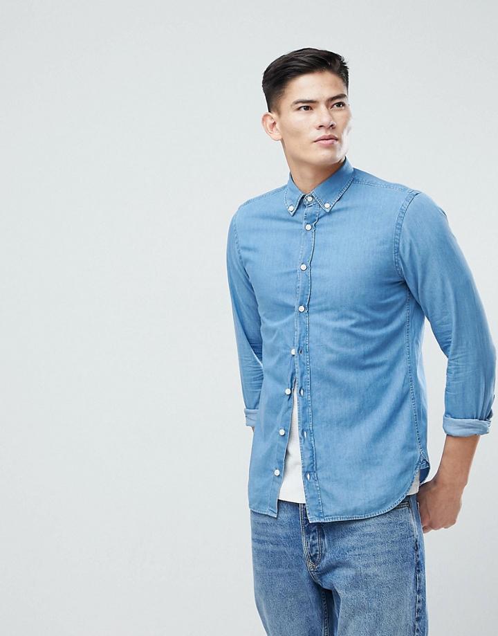 Mango Man Slim Denim Shirt In Mid Wash Blue - Blue