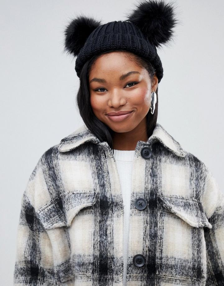 Miss Selfridge Beanie Hat With Faux Fur Poms In Black - Black