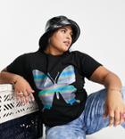 Asos Design Curve T-shirt In Black With Holographic Butterfly Motif Front Graphic Print