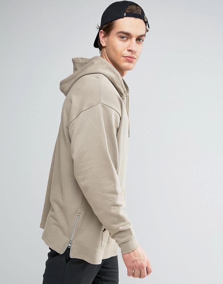 Asos Oversized Longline Hoodie With Zips In Beige - Beige